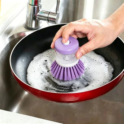 1 Pack Kitchen Soap Dispensing Palm Brush, Non-Scratch Palm Scrubber for Pots Pans Sinks, Durable Bristles Cleaning Tool, Green & Purple (Colors May Vary)