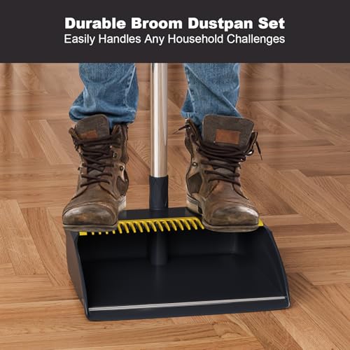 MOPUP Broom and Dustpan Set, 52 inch Long Adjustable Handle Broom with Dustpan Teeth to Self-Cleaning Clean Hair Suitable for Home Kitchen Office