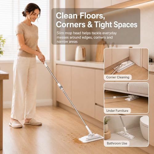 Hands Free Flat Mop with 5 Reusable Pads, One-Click Cloth Release, 53-Inch Extendable Stainless Steel Handle, Microfiber Mini Mop with Wall Holder for Hardwood, Tile, Bathroom, Kitchen and Glass