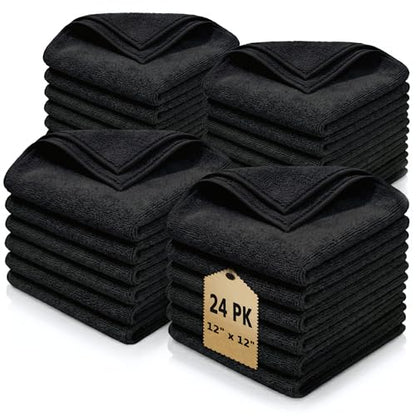 Cleaning Towel Washcloth, 12' x 12" All-Purpose Microfiber Rags - Ultra Soft Wash Cloths Reusable Shop Towels for Kitchen Bath Car Window Household Home and Commercial (Black, 12"X12" 24-Pack) - color: Black