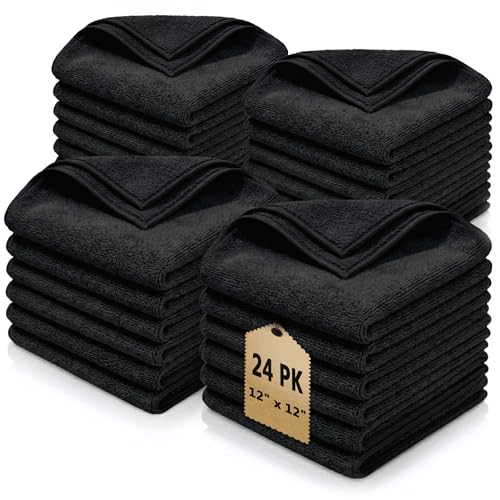 Cleaning Towel Washcloth, 12' x 12" All-Purpose Microfiber Rags - Ultra Soft Wash Cloths Reusable Shop Towels for Kitchen Bath Car Window Household Home and Commercial (Black, 12"X12" 24-Pack) - color: Black