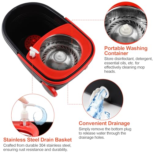 Mop and Bucket with Wringer Set, 360° Rotating Mop Bucket System with 3 Microfiber Mop, Stainless Steel Floor Cleaning System with Dual Mode, Black&red