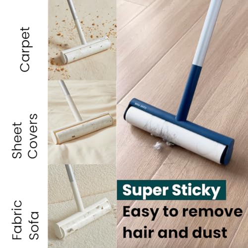 Large Lint Roller with Extra Sticky Roller and 420 Sheets 9.5" Wide, Floor Lint Roller Long Handle, Extendable to 41", Carpet, Couch, Pet Hair, Clothing Cleaning Supplies (Navy Roller + 7 Refills) - size: Navy Roller + 7 Refills