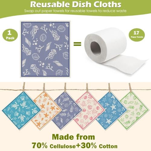 6 Packs Swedish Paper Cloths for Kitchen, Reusable Paper Towels Washable Dish Rags, Highly Absorbent Kitchen Towels Quick Drying Swedish Sponge Cleaning Dish Cloths (Ocean Series) - color: Ocean Series