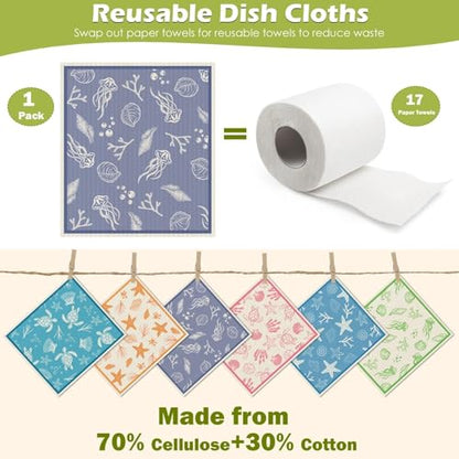 6 Packs Swedish Paper Cloths for Kitchen, Reusable Paper Towels Washable Dish Rags, Highly Absorbent Kitchen Towels Quick Drying Swedish Sponge Cleaning Dish Cloths (Ocean Series) - color: Ocean Series