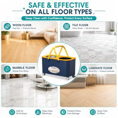 Compact Spin Mop and Bucket with Clean & Dirty Water System, Floor Mop with 360° Swivel Wheels, 61" Handle, 6 Reusable Mop Heads for for Wood, Tile, Vinyl, Baseboards- Blue/Yellow - size: Spin Mop Bucket + 6 Extra Refill