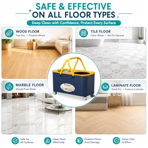 Compact Spin Mop and Bucket with Clean & Dirty Water System, Floor Mop with 360° Swivel Wheels, 61" Handle, 1 Reusable Mop Heads for for Wood, Tile, Vinyl, Baseboards- Blue/Yellow - size: Spin Mop Bucket + 1 Extra Refill