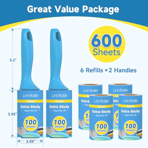Swihauk 600 Sheets Extra Sticky Lint Rollers for Pet Hair, Easy Spiral Tear Lint Roller for Clothes with Ergonomic Handle, Multipurpose Lint Remover for Furniture, Carpet, Car Seat - size: 600 Sheets