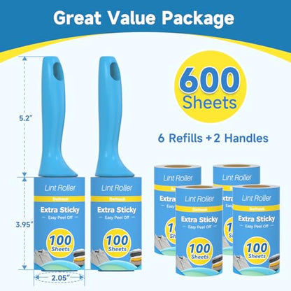 Swihauk 600 Sheets Extra Sticky Lint Rollers for Pet Hair, Easy Spiral Tear Lint Roller for Clothes with Ergonomic Handle, Multipurpose Lint Remover for Furniture, Carpet, Car Seat - size: 600 Sheets