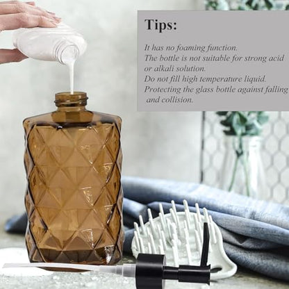 12Oz Small Glass Soap Dispenser with Black Plastic Pump, Brown Refillable Kitchen Countertop Liquid Hand Soap Dispensers with Diamond Design, Crystal Bathroom Lotion Bottle for Dish Soap, 2 Set - color: 2 Pack Diamond Brown