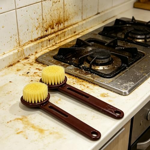 2 Pack Dish Brush with Handle, Stiff Bristles Dish Scrubber, Labor-Saving Kitchen Brush for Dishes, Pots, Pans and Sink Cleaning(Brown) - color: Brown