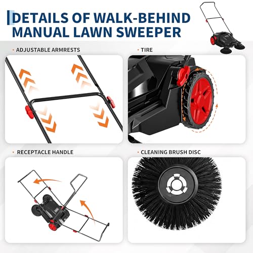 Garvee Walk-Behind Outdoor Hand Push Floor Sweeper, 25.6 in Sweeping Width Manual Push Floor Sweeper, with 5-Gallon Dust Container, Adjustable Folding Handle for Garage Patio Yard Driveway