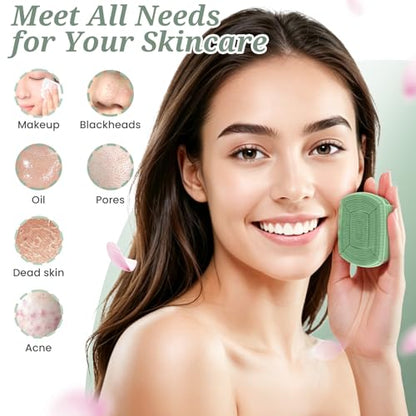 Silicone Back/Body/Face Scrubber & Lymphatic Contour Face Brush Set 4PCS, 13.4'' Soft Back Scrubber, 360° Anti-Slip Bath Glove, Unique Side-bristled Face Scrubber for All-Round Cleaning(Green) - color: Green*4