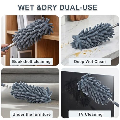 2 Pack Microfiber Duster for Cleaning, Washable Dusters, Extendable Pole, Up to 30 Inch Reachable, Wet and Dry Use Cleaning Tools for Car, Ceiling Fan, Window, Furniture, Office
