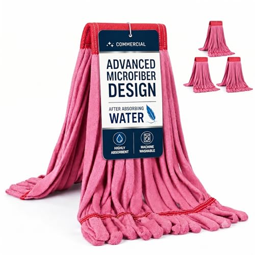 Microfiber Mop Head Replacement, Heavy Duty Commercial Tube Wet Mop Head Refill, Lightweight Fast Drying Washable Reusable Looped End for Floor Cleaning, Restaurants Industrial 3-Pack, Red, Large - color: Red, size: Large