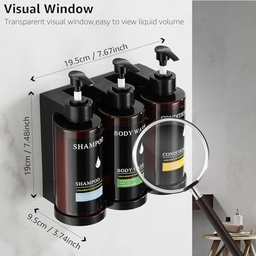 Shampoo and Conditioner Dispenser Set of 3,Shower Soap Dispenser Wall Mounted No Drill,Refillable Shampoo Pump Bottles with Waterproof Labels,Body Wash Dispenser Set for Bathroom,12.85 Oz *3 Chamber