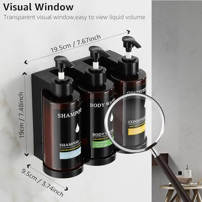 Shampoo and Conditioner Dispenser Set of 3,Shower Soap Dispenser Wall Mounted No Drill,Refillable Shampoo Pump Bottles with Waterproof Labels,Body Wash Dispenser Set for Bathroom,12.85 Oz *3 Chamber