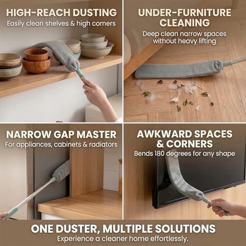 Sakerplus Baseboard Cleaner Tool with Handle Duster with Extension Pole, Bendable Microfiber Dusting Wand, Under Appliance Crevice Dust Remover for Sofa, Cabinet Top and Fan Gaps (1)