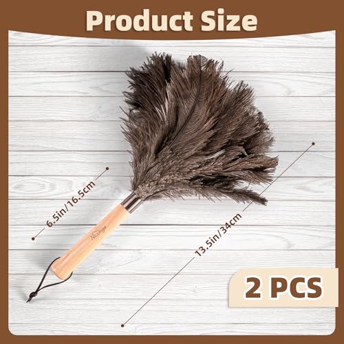 2 Pack Ostrich Feather Dusters with Wooden Handle, 13.5 inch Natural Fluffy Feather Dusters for Dusting Home, Car, Delicate Surfaces, Reusable Soft Cleaning Tools for Ledges, Blinds - color: 13.5in-brown