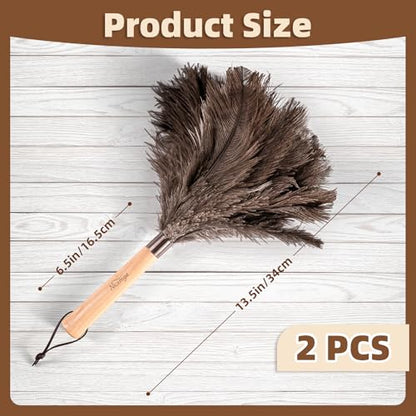 2 Pack Ostrich Feather Dusters with Wooden Handle, 13.5 inch Natural Fluffy Feather Dusters for Dusting Home, Car, Delicate Surfaces, Reusable Soft Cleaning Tools for Ledges, Blinds - color: 13.5in-brown