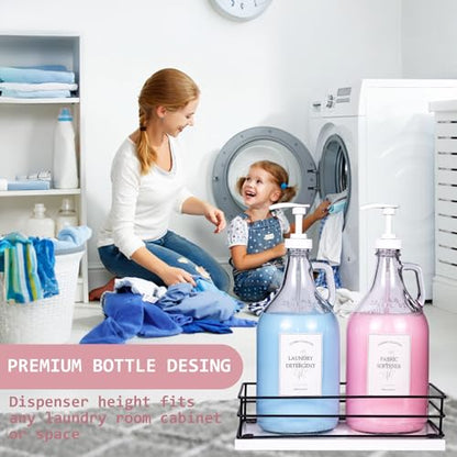 2 Pcs Glass Liquid Laundry Detergent Dispenser, Half Gallon Dispenser for Laundry Room (64 oz. Each), Laundry Detergent Bottles with Pump Dispenser -Includes Labels, Measuring Cups,Wooden Stand - color: White