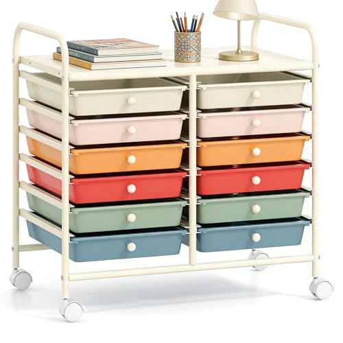 COSTWAY 12-Drawer Rolling Storage Cart, Utility Storage Organizer Cart for Tools, Scrapbook, Paper, Craft, Multipurpose Art Supply Organizer on Wheels for Home Office School, Teacher, Macaron - color: Macaron, size: 25"L x 15"W x 24.5”H (12 Drawer)