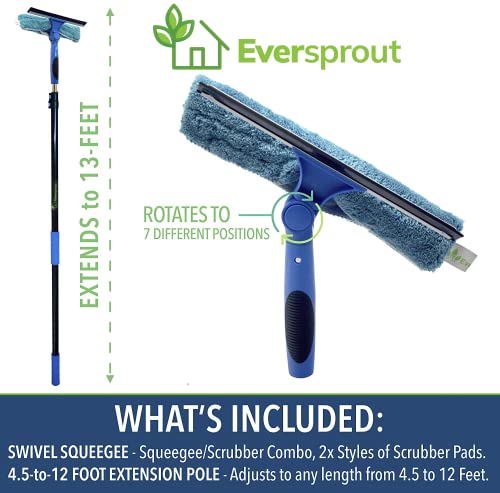 EVERSPROUT 5-to-12 Foot Swivel Squeegee & Microfiber Glass Window Scrubber, Window Squeegee & Window Cleaning Kit, Light-Weight Window Washing Kit with Extension Pole, Squeegee for Window Cleaning - size: 13 feet - With Pole