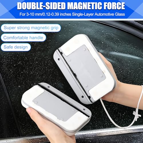 Magnetic Window Cleaner, Windshield Magnetic Car Window Cleaner Tool with Anti-Falling Rope, Track Cleaner and Dustpan Cleaning Brush, for Glass Thickness 3-10mm