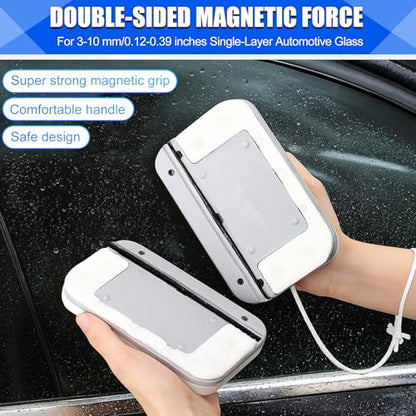 Magnetic Window Cleaner, Windshield Magnetic Car Window Cleaner Tool with Anti-Falling Rope, Track Cleaner and Dustpan Cleaning Brush, for Glass Thickness 3-10mm