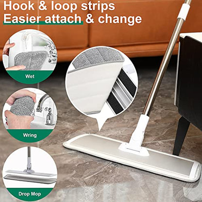 18" Professional Microfiber Mop Floor Cleaning System, Flat Mops with Stainless Steel Handle, 4 Reusable Washable Mop Pads, Wet and Dust Mopping for Hardwood, Vinyl, Laminate (White&Grey) - color: White&grey