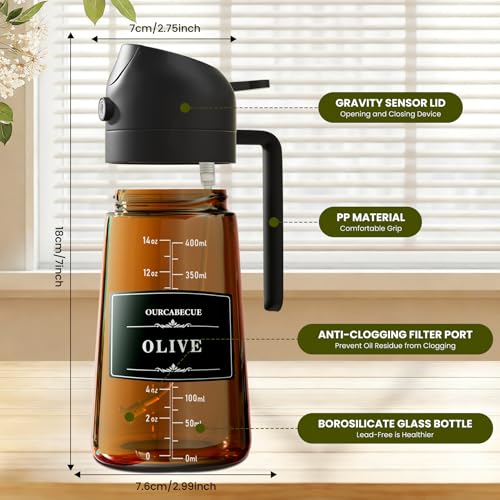 OURCABECUE Upgraded Made Oil Sprayer for Cooking 2 Set, Dark Brown 2 in 1 Spray and Pour Olive Oil Dispenser 16oz 470ml Glass Oil Spray Bottle, Mist Olive Oil Dispensing with Scale & 8 labels - color: Brown Bottle-Black Cap Scale