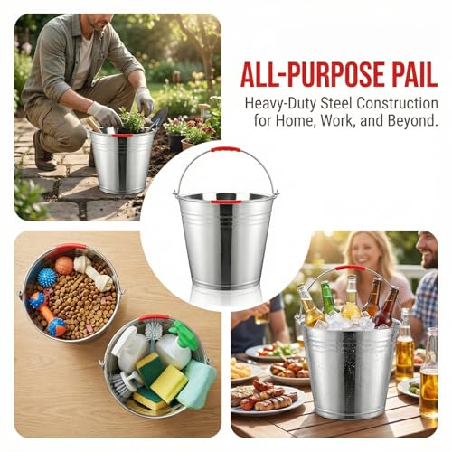 Nicunom 3 Pack 4 Gallon Metal Bucket Pail Container with Handle, Heavy Duty All Purpose Pails Food Grade Steel Buckets for for Outdoor and Household