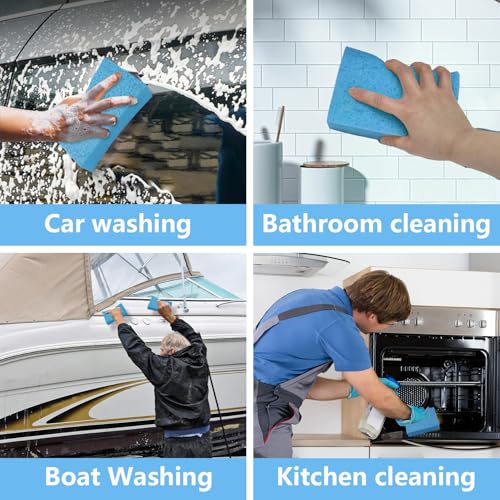 Cleaning and Washing Sponge, 3 Pack Large Extra Thick Heavy Duty Sponge Multi-Purpose for Kitchen Bathroom Bike Boat Car, Natural Cellulose Sponges 4" X 6" X 2" (Blue) - color: A-blue