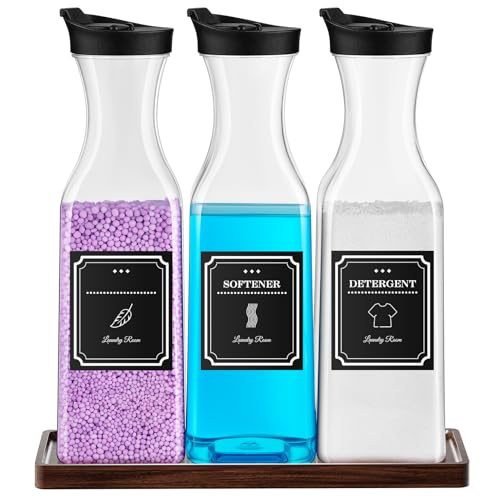 Laundry Detergent Dispenser,54OZ Laundry Soap Dispenser,Liquid Laundry Detergent Container,Fabric Softener Dispenser with Brown Wood Tray,Laundry Room Organizer with 4 Labels - color: Black With Brown Tray