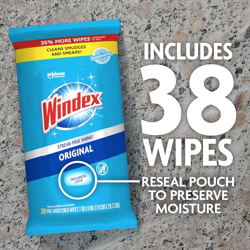 Windex Wipes Glass Cleaning, Pre-Moistened Glass and Surface Wipes to Clean Home Surfaces, Household Essentials, Original Scent, 38 Count (Pack of 6) - size: 38 Count (Pack of 6)