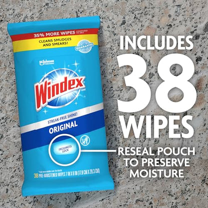 Windex Wipes Glass Cleaning, Pre-Moistened Glass and Surface Wipes to Clean Home Surfaces, Household Essentials, Original Scent, 38 Count (Pack of 6) - size: 38 Count (Pack of 6)