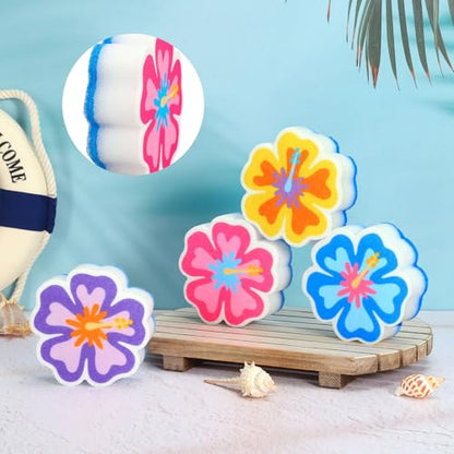 AnyDesign 4Pcs Hibiscus Flower Kitchen Sponges Water Absorbing Dish Washing Sponge Tropical Hawaiian Floral Dual Sided Non Scratch Scrubber for Summer Aloha Festival Household Supplies