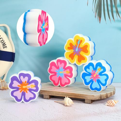 AnyDesign 4Pcs Hibiscus Flower Kitchen Sponges Water Absorbing Dish Washing Sponge Tropical Hawaiian Floral Dual Sided Non Scratch Scrubber for Summer Aloha Festival Household Supplies