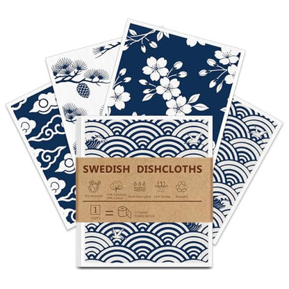4 PCS Swedish Dishcloths, Japanese Pattern Reusable Kitchen Dish Cloths, Super Absorbent Cellulose Sponge Cloths, Odor Resistant, Dishwasher Safe & Multi-Purpose Cleaning Cloths - color: Japanese Pattern
