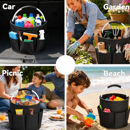 UFORU Cleaning Caddy with Handle, 17L Foldable Cleaning Supply Organizer with 6 Pockets, Portable Cleaning Products Basket, Oxford Fabric Storage Caddy for Home, Garden, Camping, Black