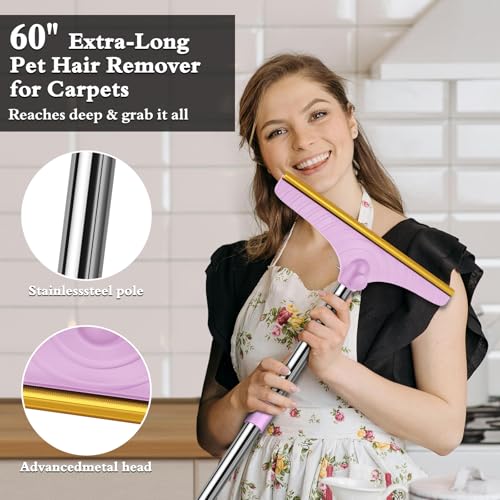 B-Land Carpet Rake for Pet Hair Removal, Reusable Pet Hair Removal Tool Cat Dog Hair Remover with 60” Long Adjustable Handle, Carpet Brush Carpet Scraper Pet Hair Remover Broom (Purple)