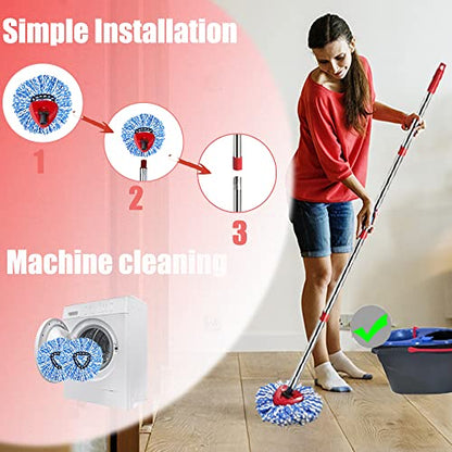 ANREKEYH Spin Mop Head, Base, Handle Replacement for O-ceda EasyWring RinseClean Microfiber Spin Mops, 2 Microfiber Mop Refills, 1 Triangle Head Cover and 30-58in Handle (Blue (2-Tank System)) - color: Blue(2 Tank System)