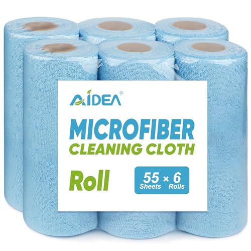 AIDEA Microfiber Cleaning Cloth, Shop Towels 330 Sheets 6 Roll, Microfiber Towels for Cars, Blue Shop Rags Washable, Cleaning Rags Reusable Paper Towels for Automotive, Workshops, House,11×9" - color: Blue, size: 55 Count (Pack of 6)