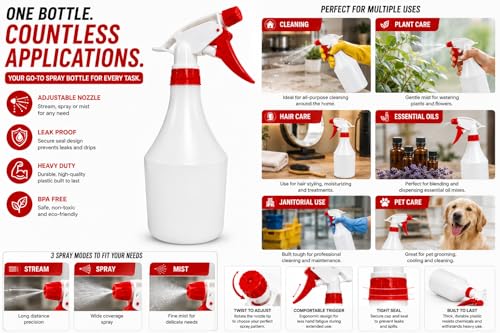 Plastic Spray Bottle, 2 Pack, 32 Oz with Adjustable Nozzle, Heavy Duty Leak Proof Mist Empty Water Bottle Sprayer for Cleaning, Chemicals, Hair, Planting & All-Purpose Use - (Red) - color: Red