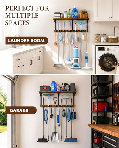 Lorbro Broom Holder Wall Mount with Cleaning Supplies Storage, Heavy Duty Broom and Mop Organizer Wall Hanging, Wooden Mop Organizer Hanger, 3 in 1 Storage Shelves for Laundry Room, Garage, Closet - size: Large