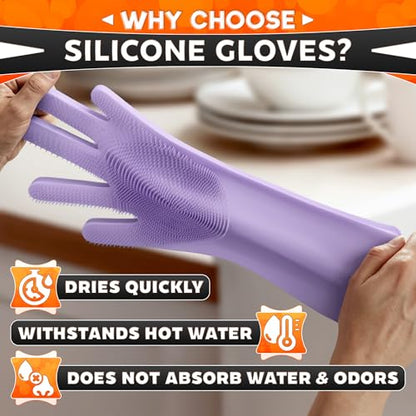 ALPENKOK Silicone Dishwashing Gloves with Scrubber – Non-Slip Silicone Gloves for Washing Dishes | Household Use - color: Purple Dishwash
