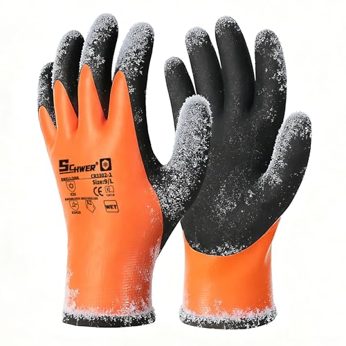 Schwer 2 Pairs FreezeGuard Winter Work Gloves, ANSI A2 Cut Resistant Freezer Gloves for Outdoor Cold Weather Keep Hands Warm, Waterproof Gloves for Shoveling Snow, Ice Fishing, M - color: Winter Orange, size: Medium