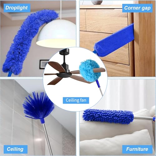 6-in-1 Duster for Cleaning Kit, Extendable Duster with Stainless Steel Pole - Microfiber, Ceiling Fan Cleaner Dusters and Chenille Dusters, Bendable Cobweb Removers for High Ceilings, Fans, Blinds - color: Blue