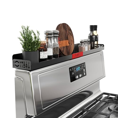 STUTOV 30" Magnetic Stove Top Shelf – Black Spice Rack with Red LOVE Design – Seasoning Organizer for Back of Stove – Over Stove Rack and Kitchen Storage Shelf - color: Black with Red Love