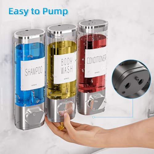 VITVITI Shampoo and Conditioner Dispenser for Shower Wall, Shower Soap Dispenser 3 Chamber No Drill Wall Mounted, 10.2 OZ Plastic Refillable Shower/Body Wash Bottles for Bathroom (Matte Silver) - color: Matte Silver